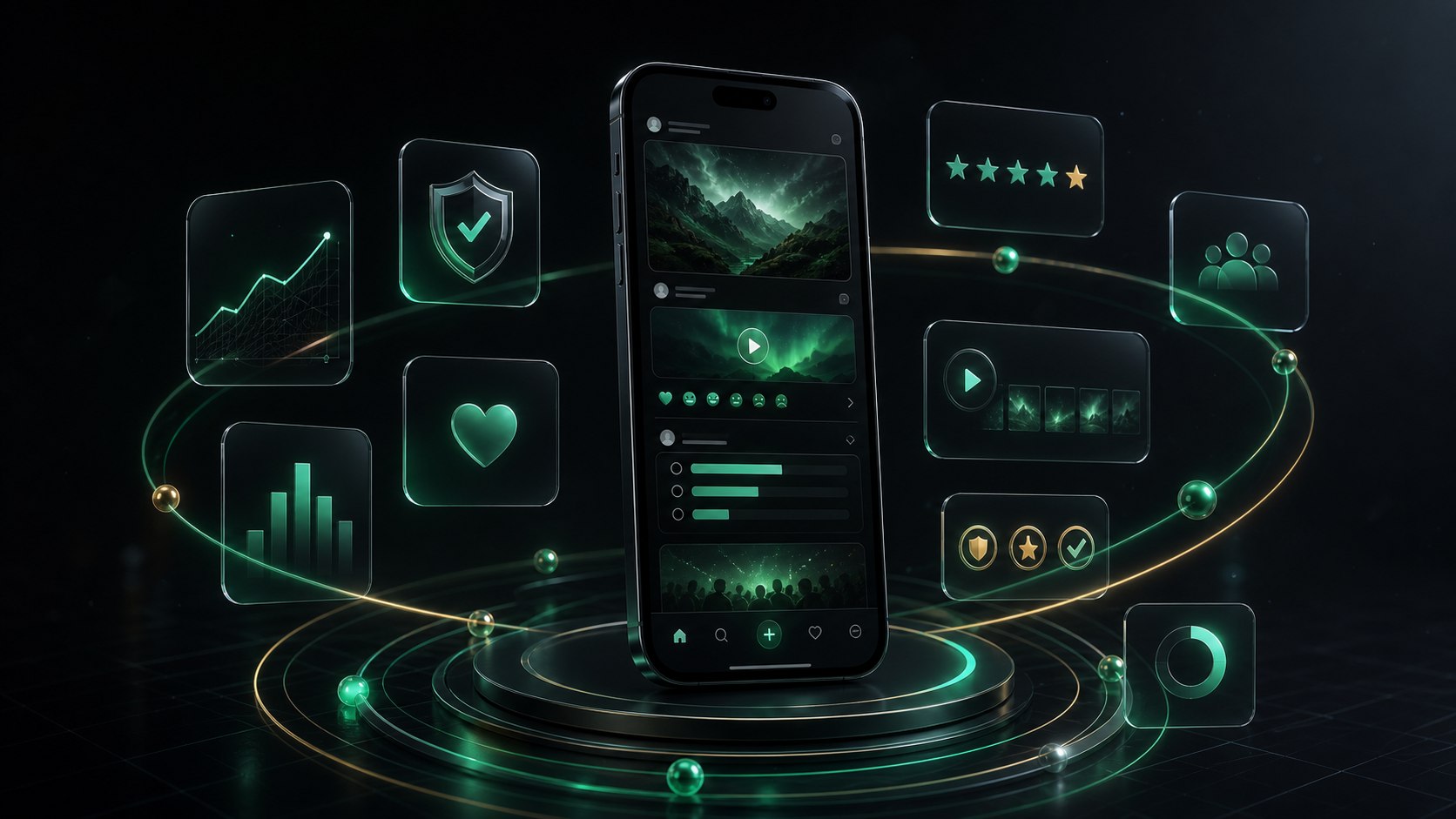 Dark glass mobile social product scene with ratings, video cards, trust badges, and launch orbit lights