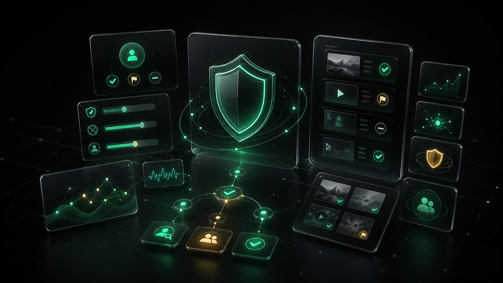 Dark glass safety interface panels with shield, moderation flow, media review, and quality signal visuals